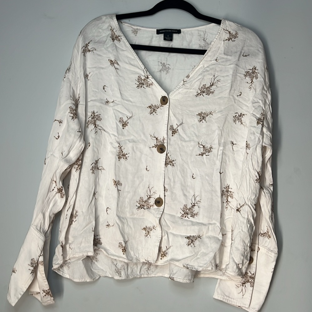 Something Navy Women's Buttery Soft Neutral Cream Floral Button-Up Long Top
